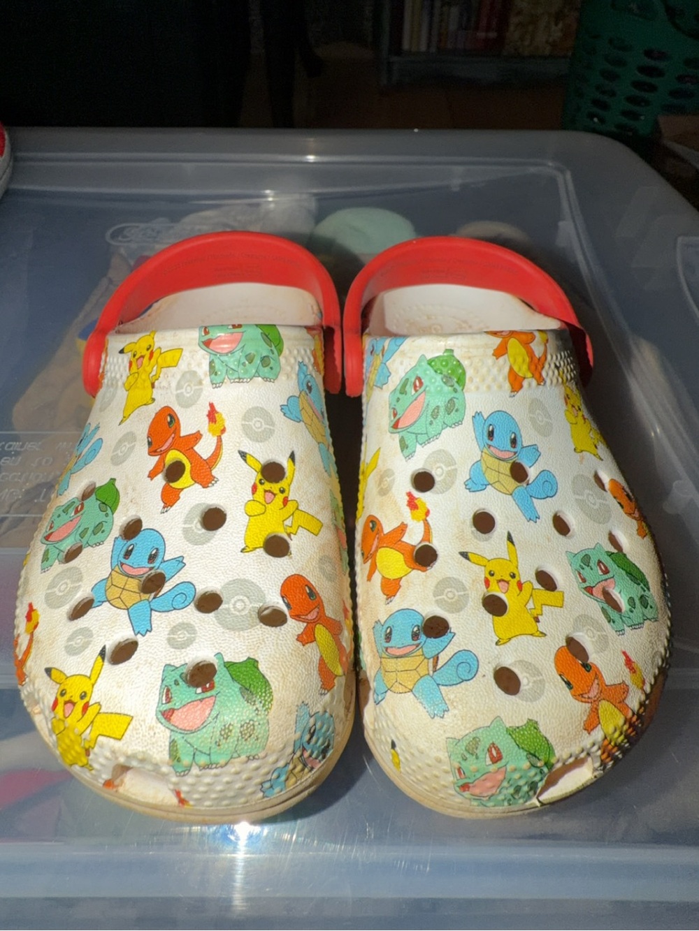 Kids White Pokémon Print Crocs Shoes with Red Strap